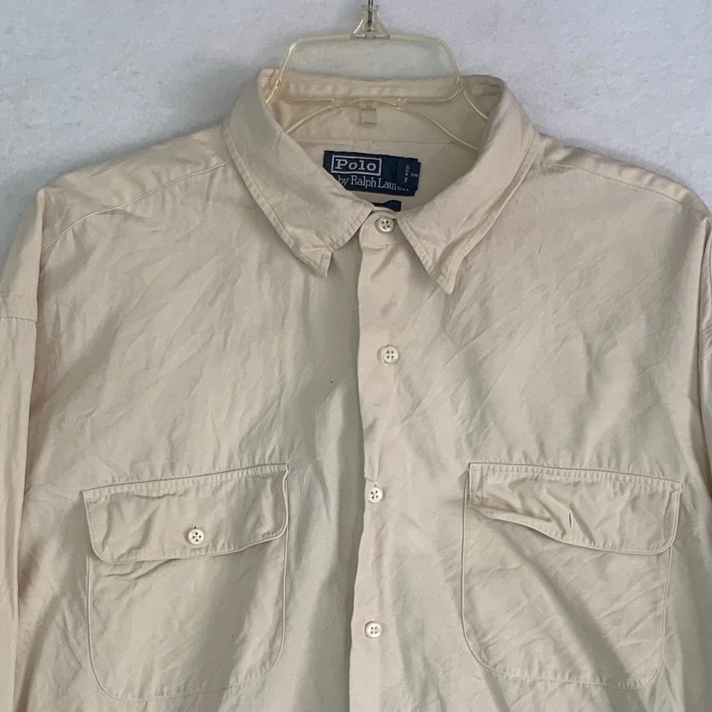 VTG Polo Ralph Lauren Button Down Benford Shirt Mens XL Beige Silk Cotton